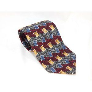 Oscar de la Renta Mens Neck Tie Red Gray Gold Blue Squares Geometric 100% Silk